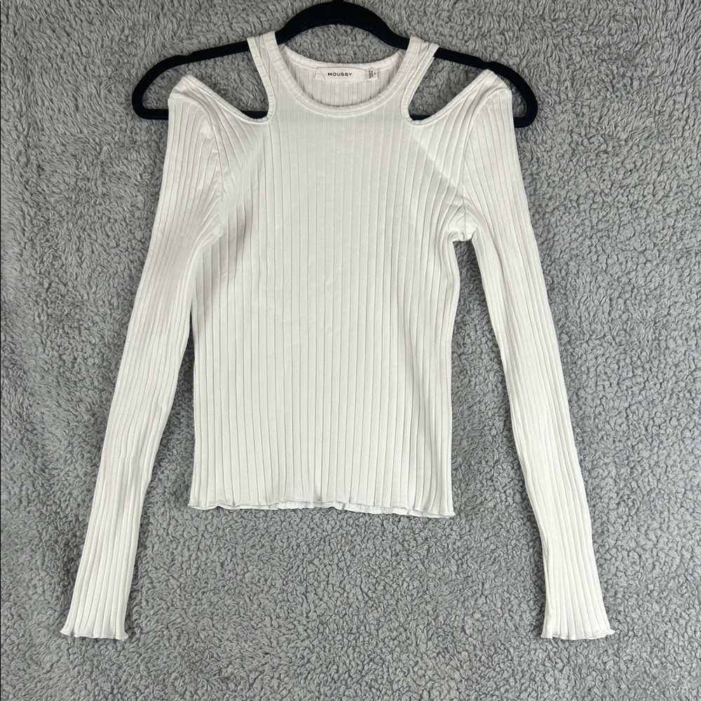 Moussy Ribbed Long Sleeve Cold Shoulder White Top Women’s Size F
